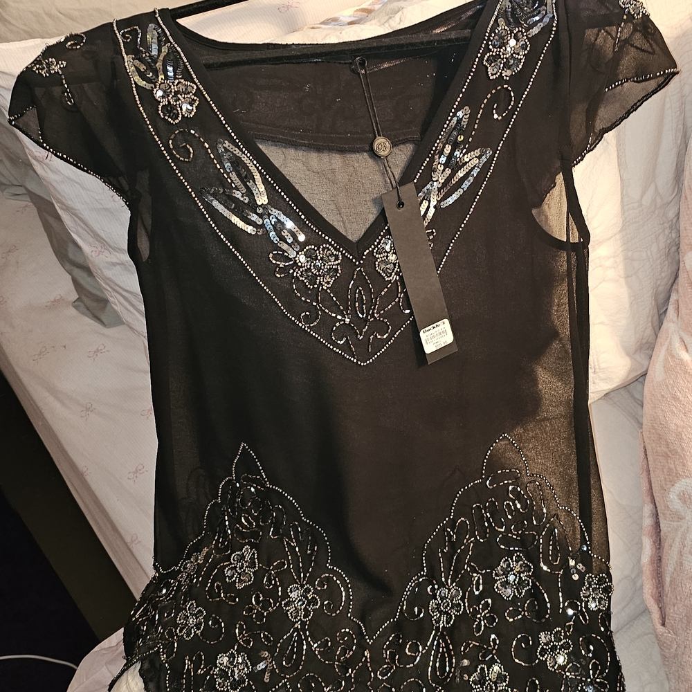 Buckle Black Sheer Top with Silver Accents